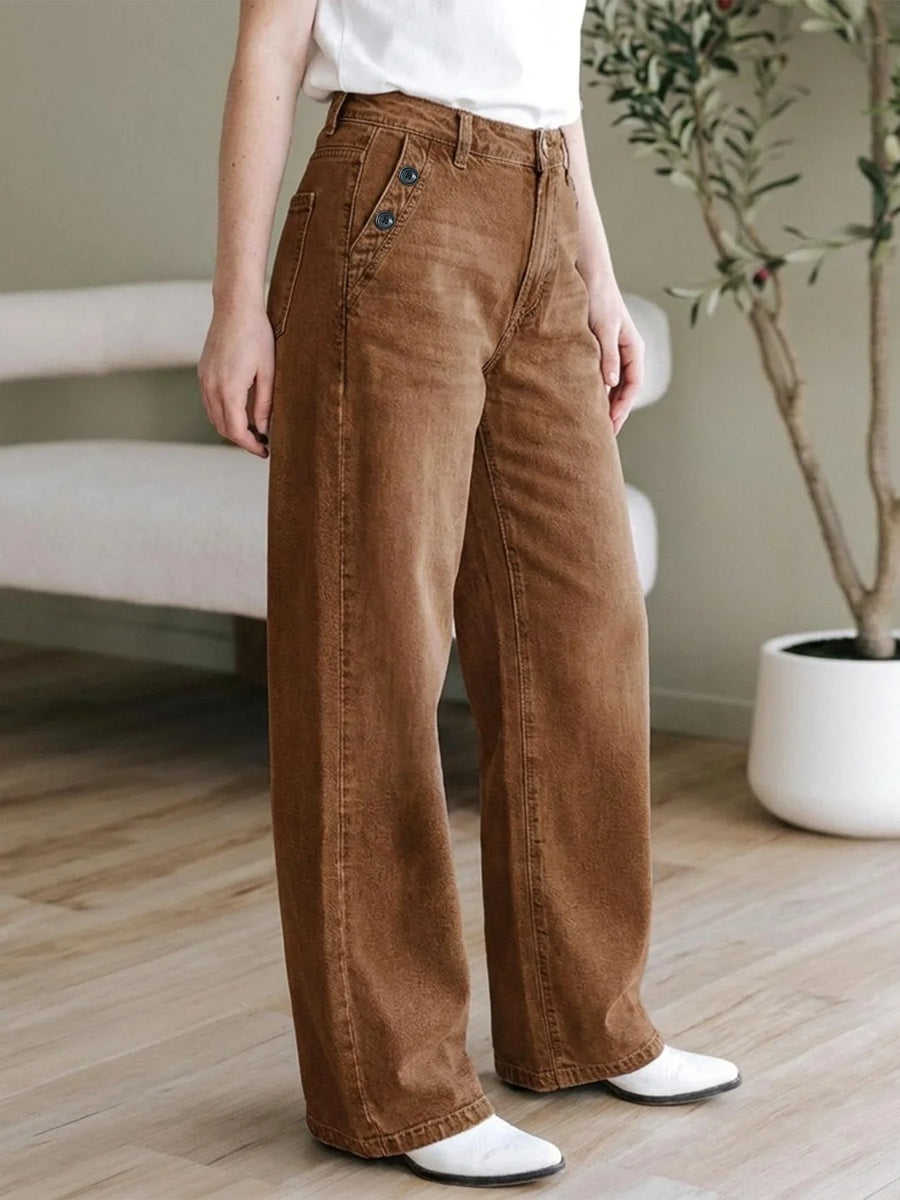 Bruine wide-legbroek voor dames met hoge taille en knoopdetails