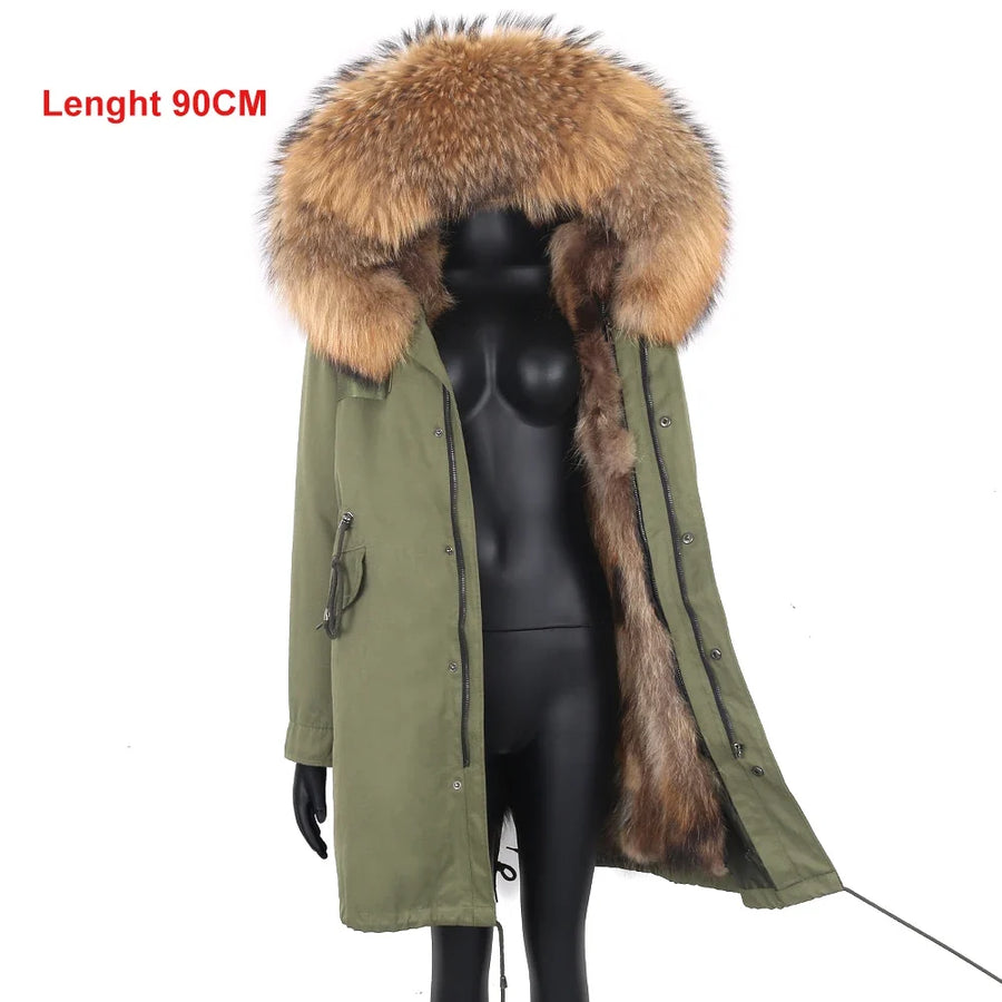 Parka mit Fellkapuze & Fellfutter langer Wintermantel Damen