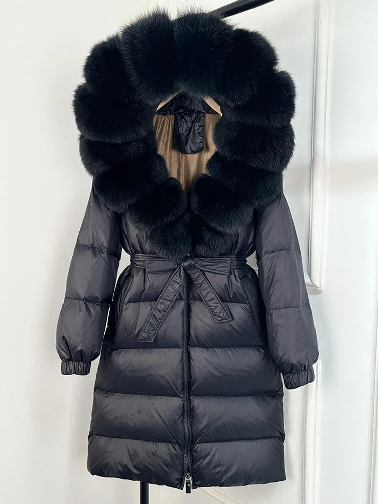 Damen Daunenmantel Schwarz mit pelzbesetzter Kapuze und Gürtel