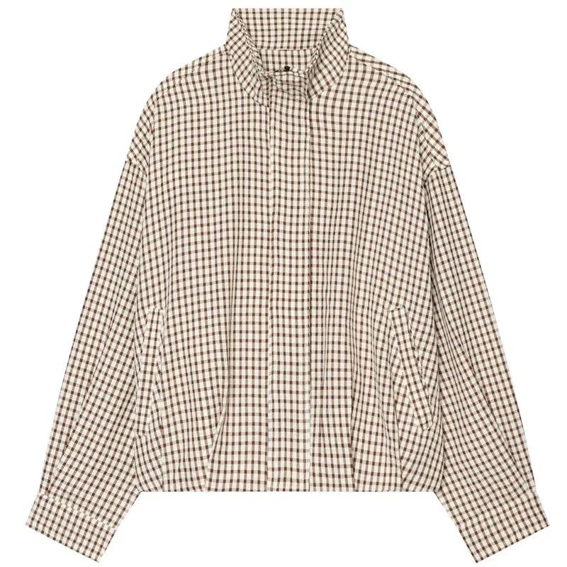 Damen Kariertes Hemd Kragen Langarm Locker Oversized Bluse