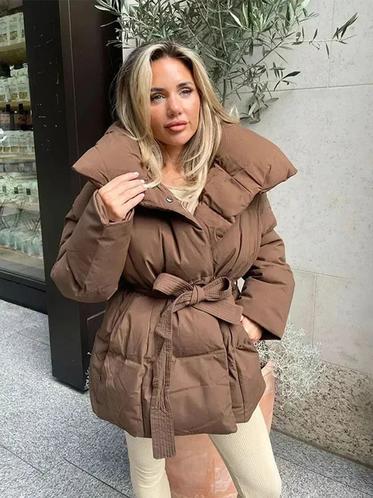 Damen Pufferjacke mit Gürtel Winter Jacke Stehkragen