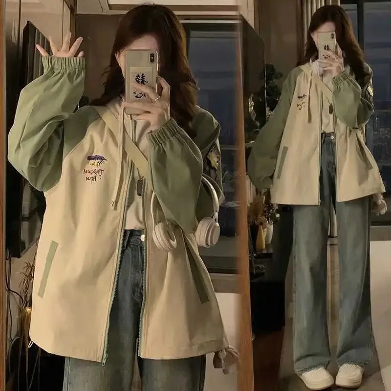 Damen Kapuzenjacke Zweifarbig Beige Grün Freizeit Reißverschluss