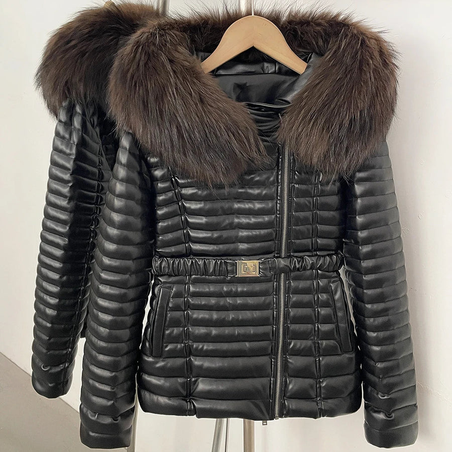 Damen Steppjacke Schwarz mit Pelzbesatz Kapuze Gürtel