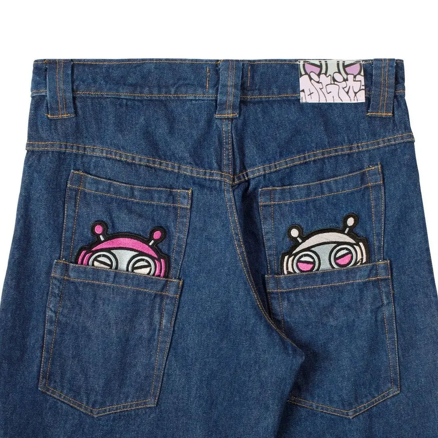 Damesjeans met wijde pijpen, hoge taille, cut-outs, stras