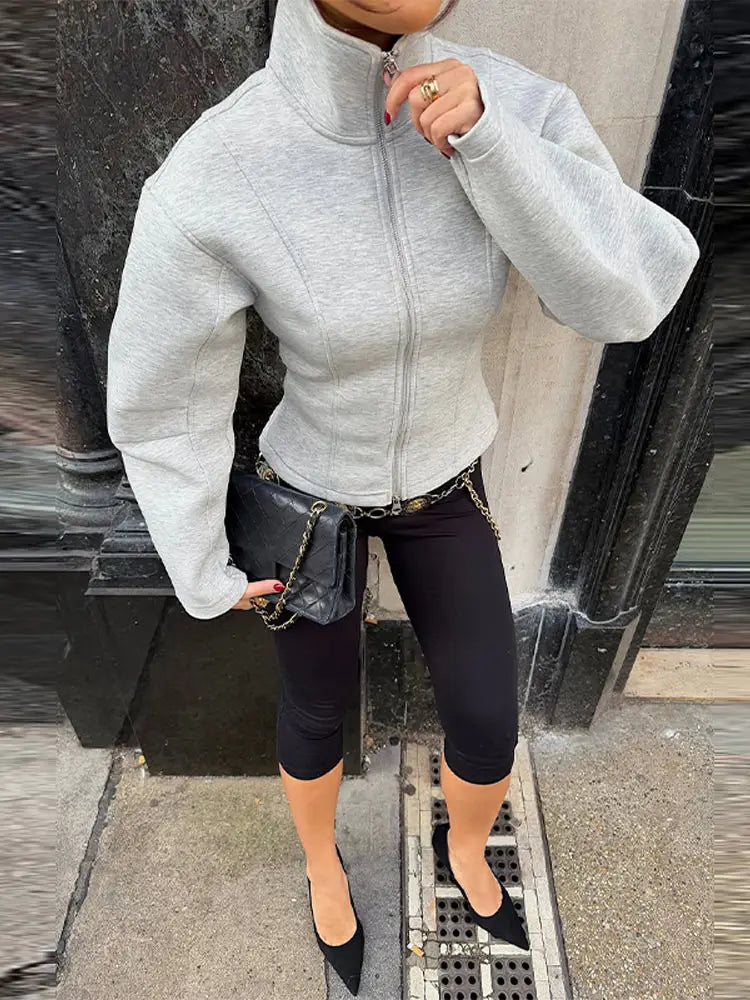 Damen Jacke mit Reißverschluss, Stehkragen und figurbetontem Schnitt