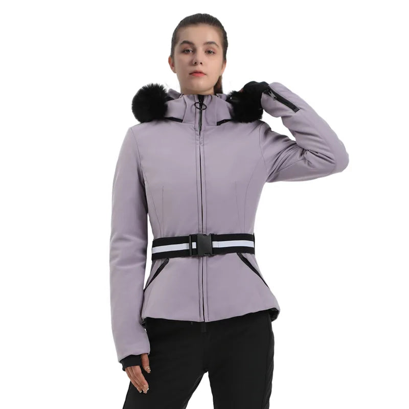 Damen Skijacke mit Hahnentrittmuster Gürtel und Kunstfellkapuze
