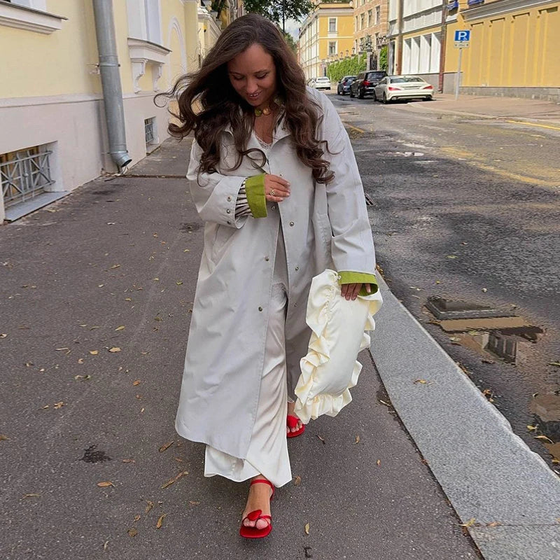 Damen Langer Mantel Übergangs Trenchcoat Stehkragen Weite Ärmel