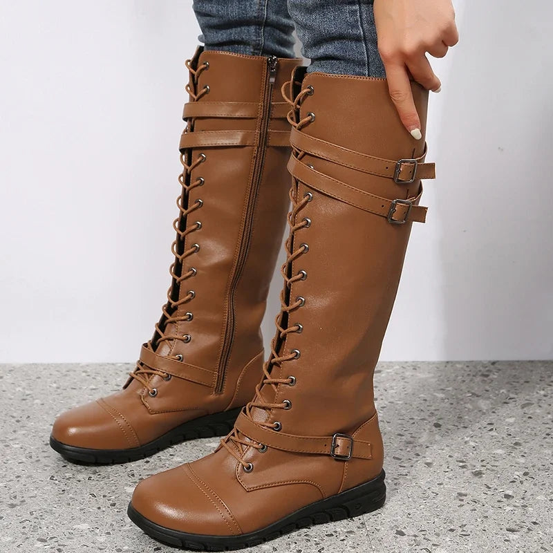 Damen Kniehohe Schnürstiefel mit Schnallen Flacher Absatz