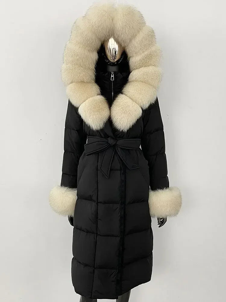Damen Daunenmantel Lang mit Kapuze und Pelzbesatz Gürtel Steppjacke Warm