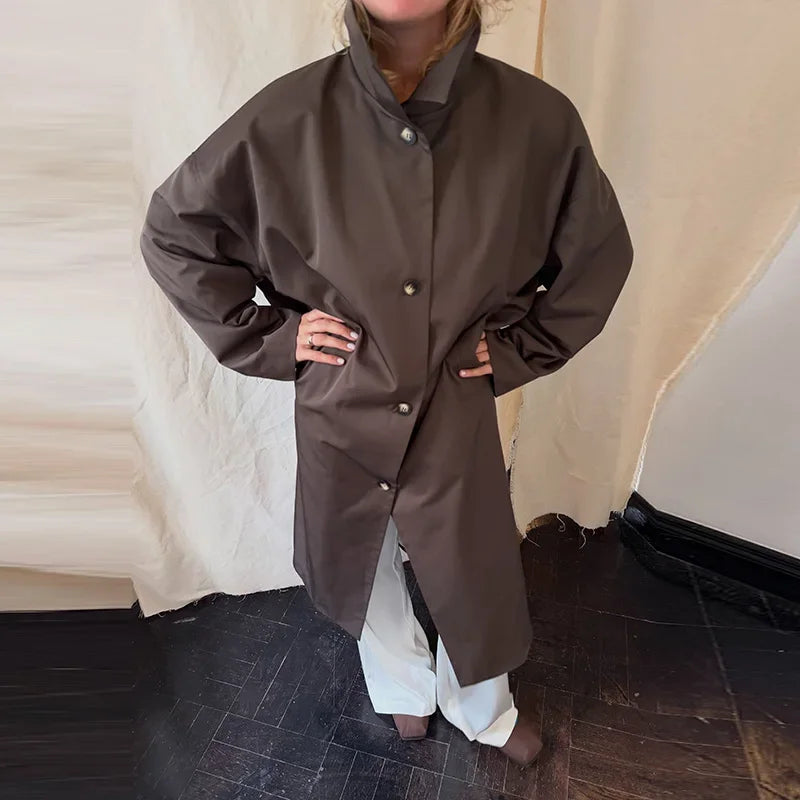 Damen Langer Trenchcoat mit Stehkragen und weitem Schnitt
