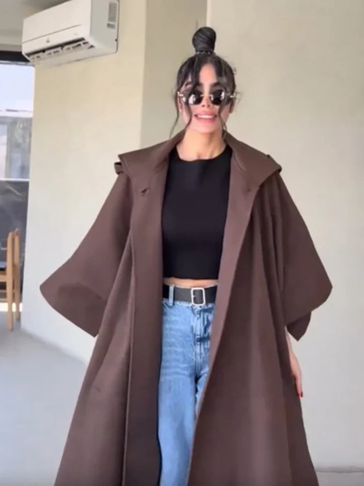 Damen Langer Mantel Braun Locker Oversize-Schnitt Mit Weiten Ärmeln