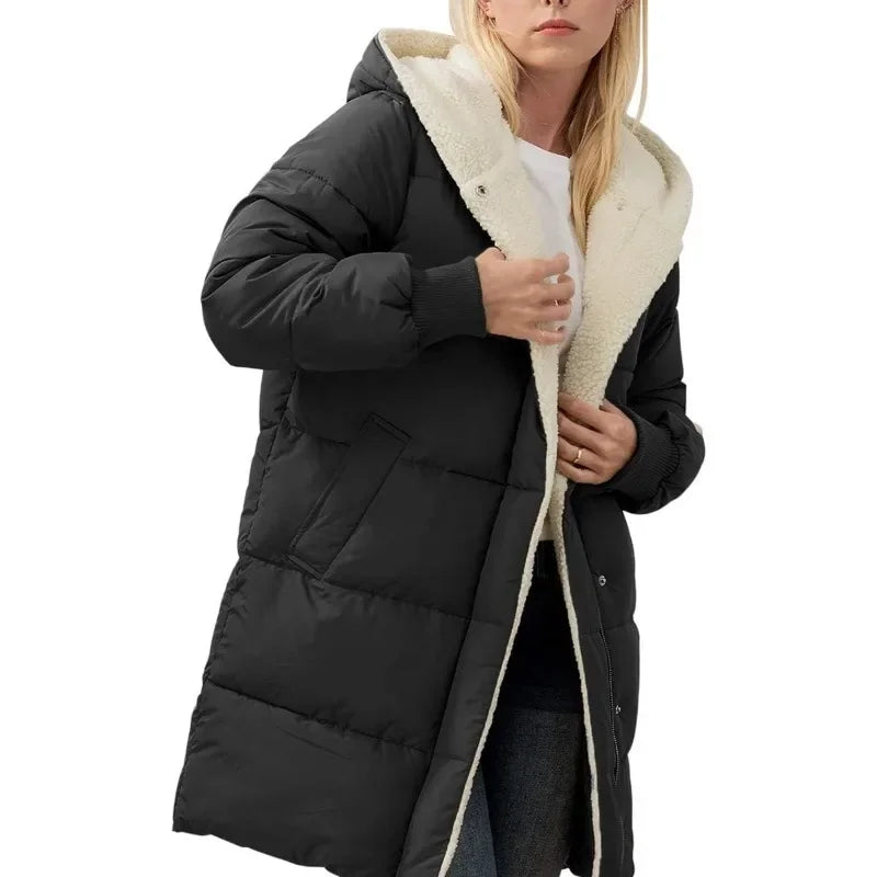 Damen Langer Steppmantel mit Kapuze und Teddyfutter, Winter Warme Jacke
