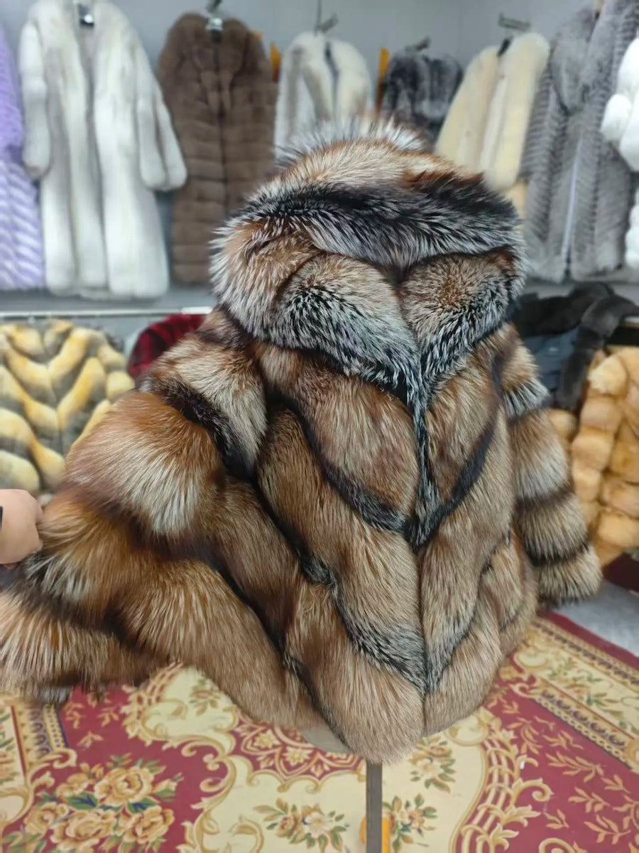 Damen Kunstfelljacke mit Kapuze und Streifenmuster