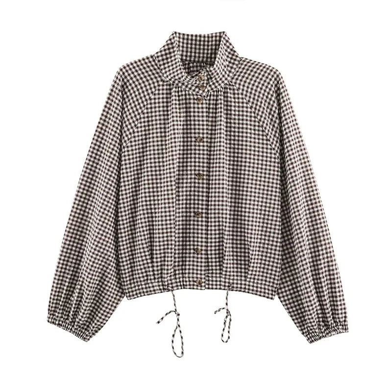 Damen Bluse Gingham Karomuster Stehkragen Langarm