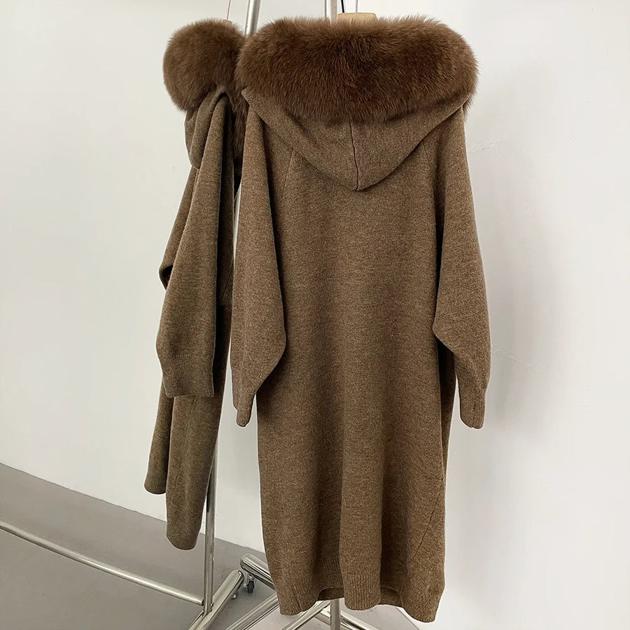 Damen Strickmantel Lang mit Fellkragen Grau