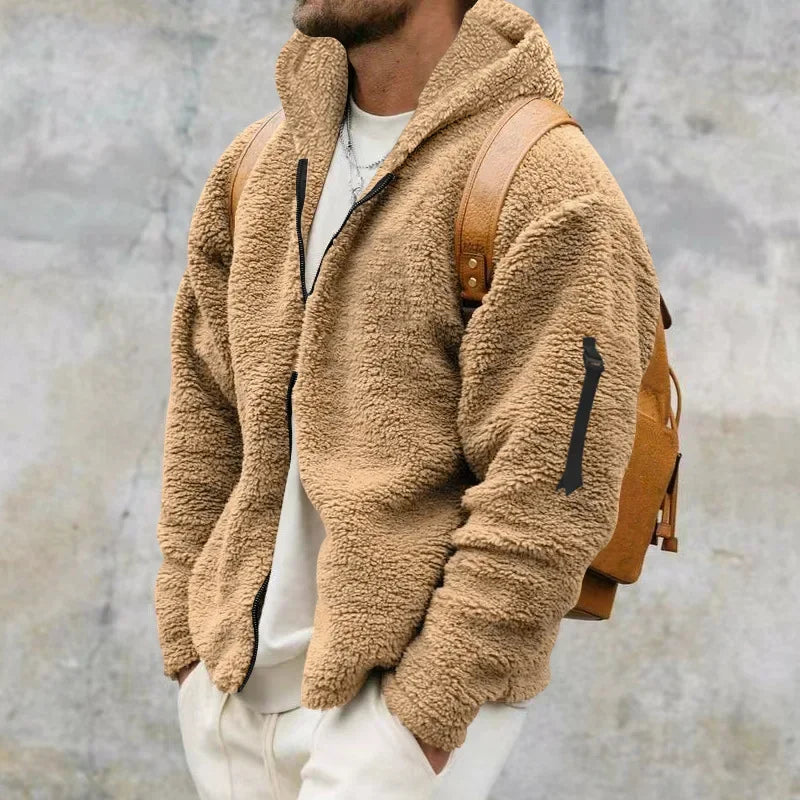 Teddy-Fleece Kapuzenjacke Herren mit Reißverschluss und Seitentaschen - Kuschelig Warm