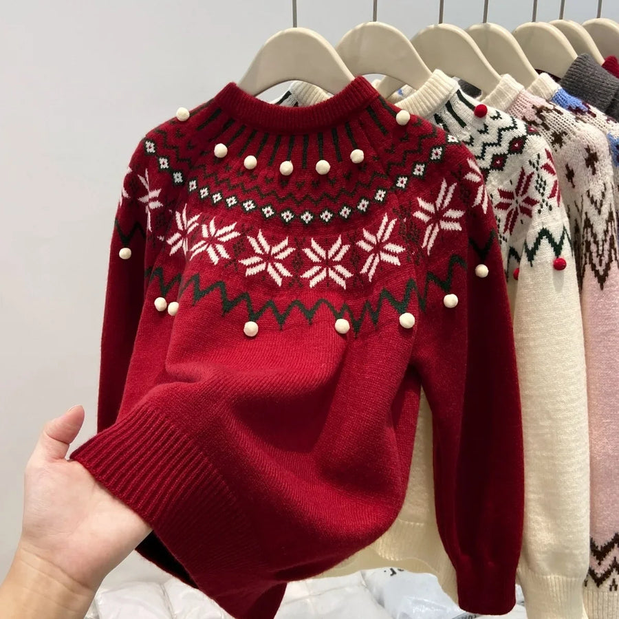 Dames gebreide pullover met Scandinavisch patroon, col en pompons, crème-wit