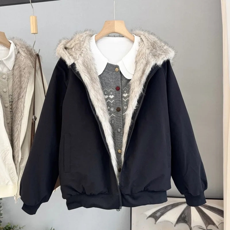 Damen Jacke mit Kunstfellkapuze Bomberstil Reißverschluss