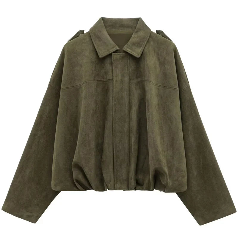 Damen Bomberjacke Kurz geschnitten Oversize-Passform mit Kragen und Schulterriegeln