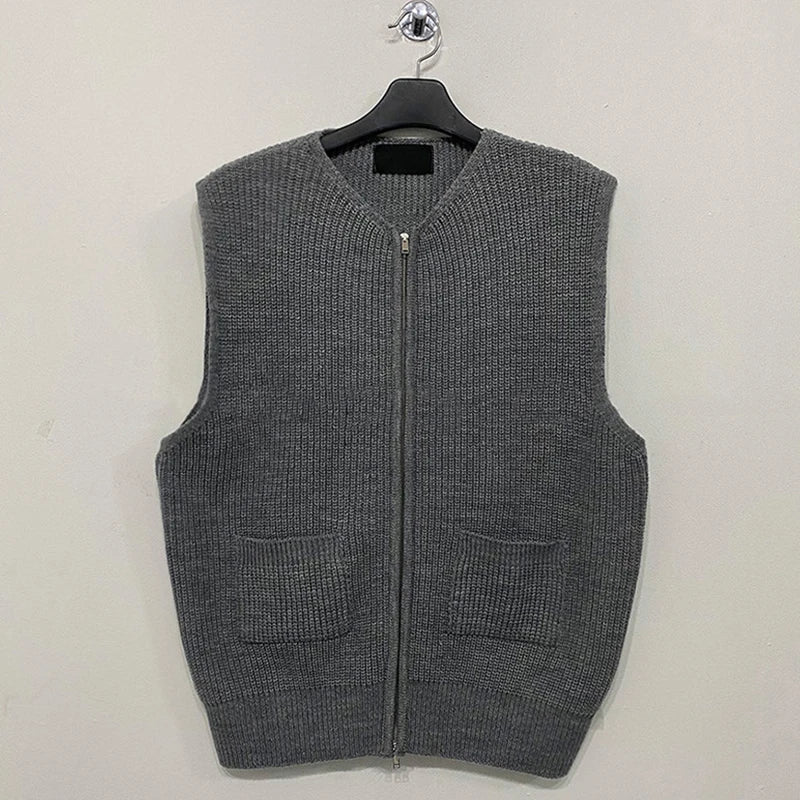 Unisex gebreid vest met ritssluiting en V-hals, mouwloos