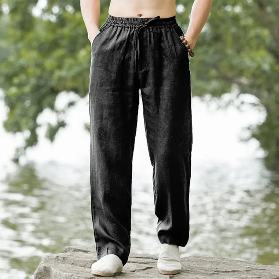 Unisex Leinenhose mit Gummibund & Kordelzug, beige, weites Bein, lockere Passform