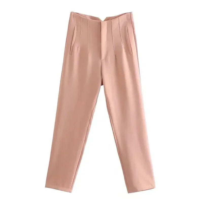 Damesbroek van stof met hoge taille in wortelmodel