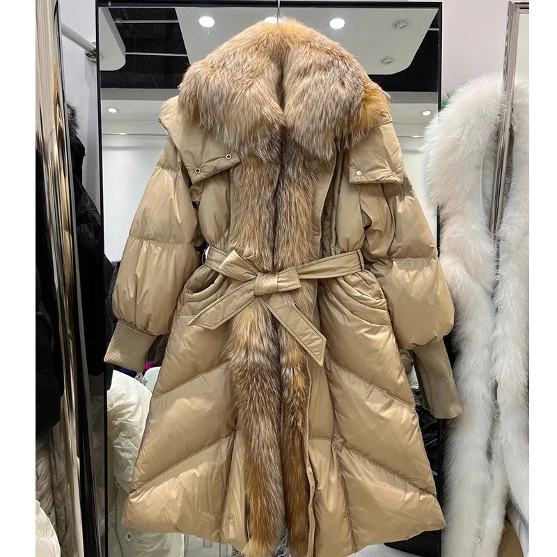 Damen Langer Steppmantel mit Kapuze und Pelzbesatz Gürtel beige