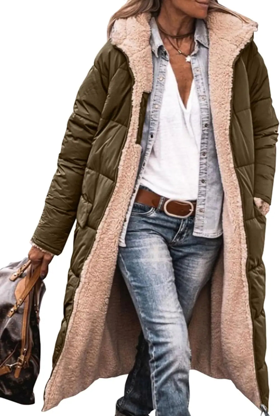 Damen Langer Steppmantel mit Teddyfutter & Kapuze