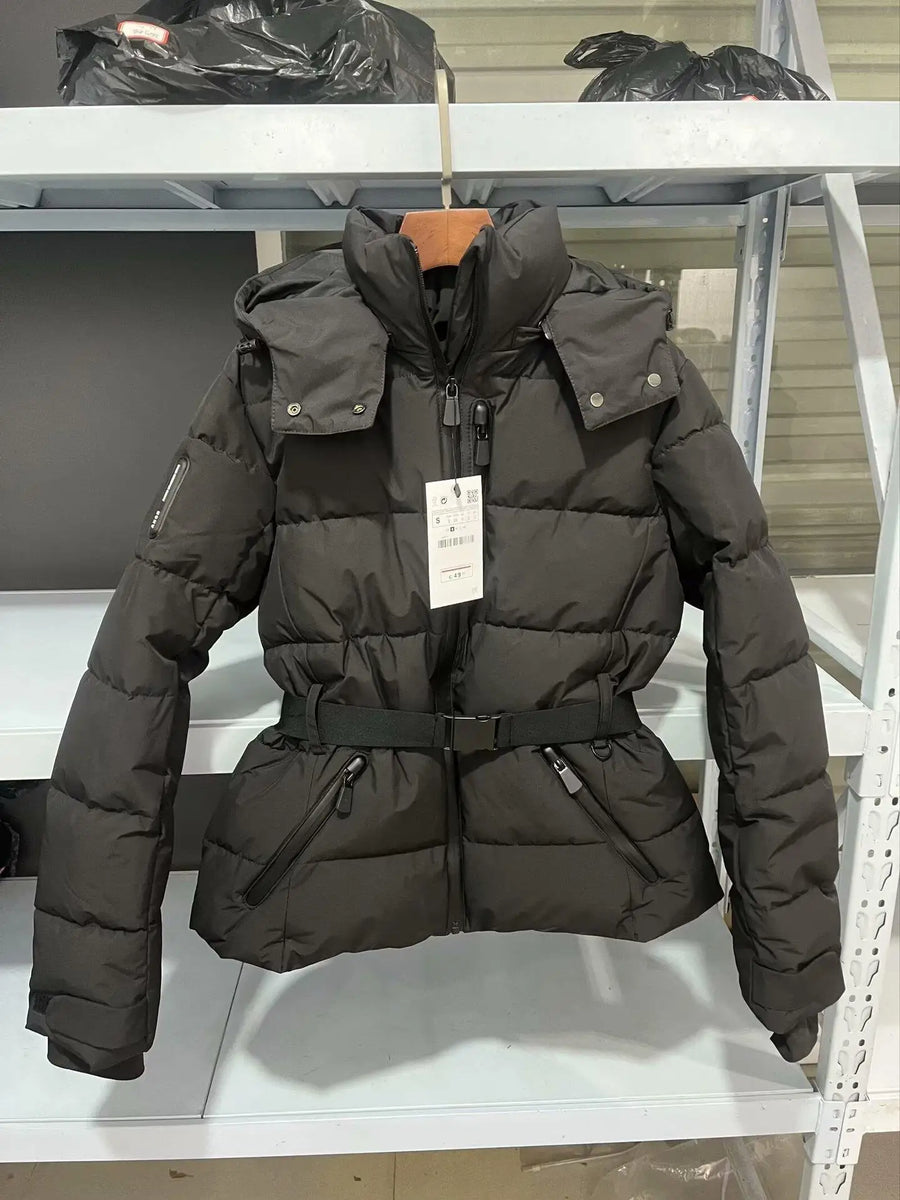 Damen Daunenjacke mit Kapuze und Gürtel, Schwarz