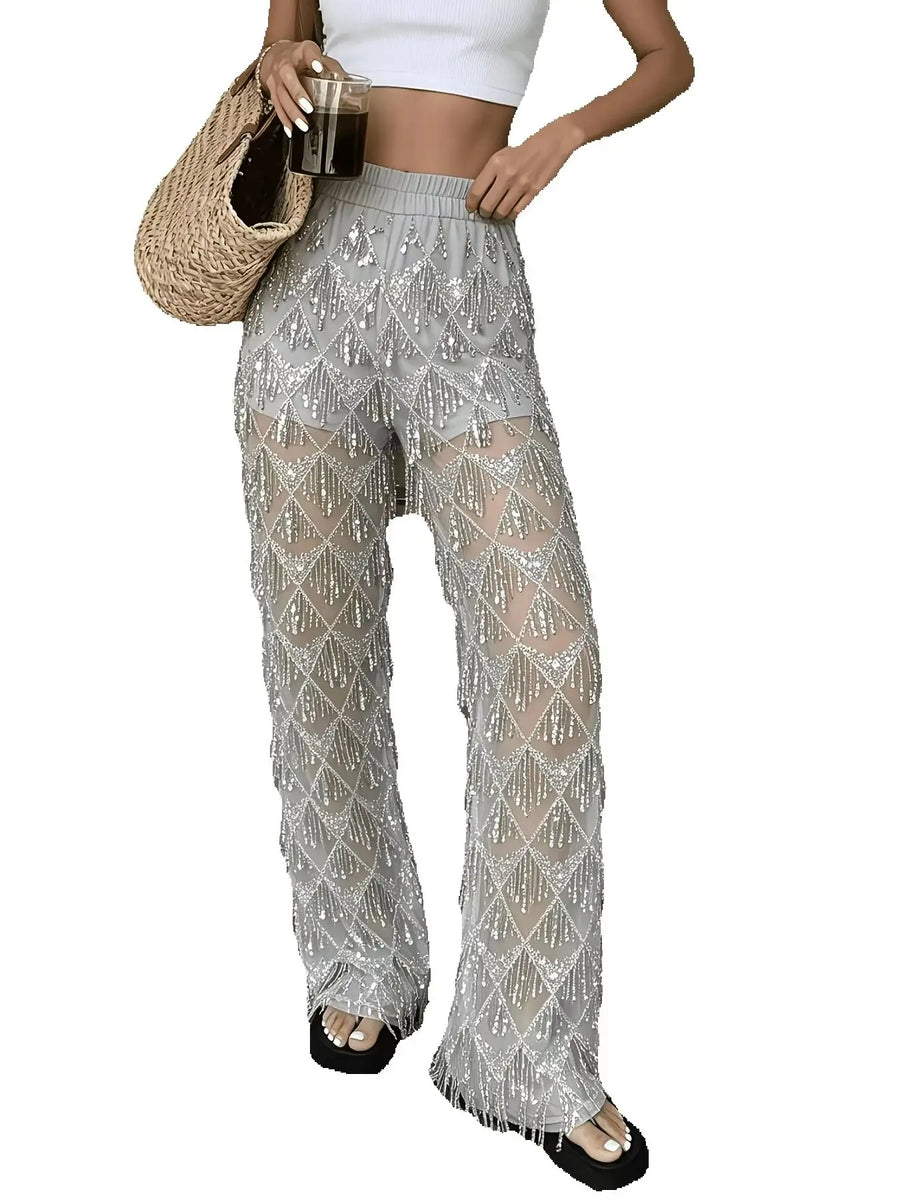 Damen Hose Transparent Glitzer Fransen Grau