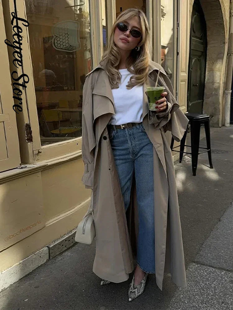 Damen Trenchcoat Oversize mit Bindegürtel Beige
