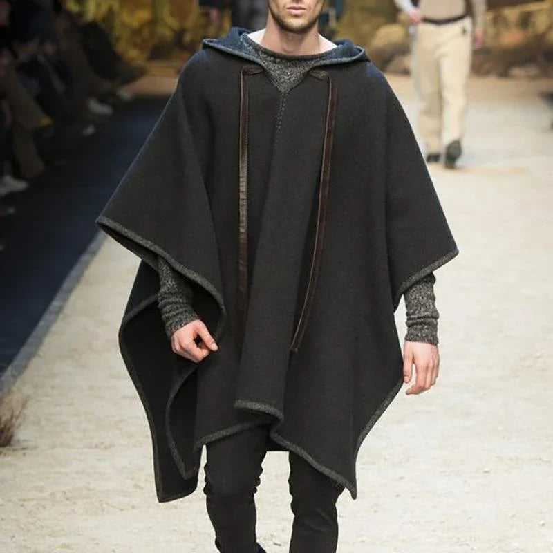 Herren Kapuzen-Poncho Schwarz Cape Weites Design