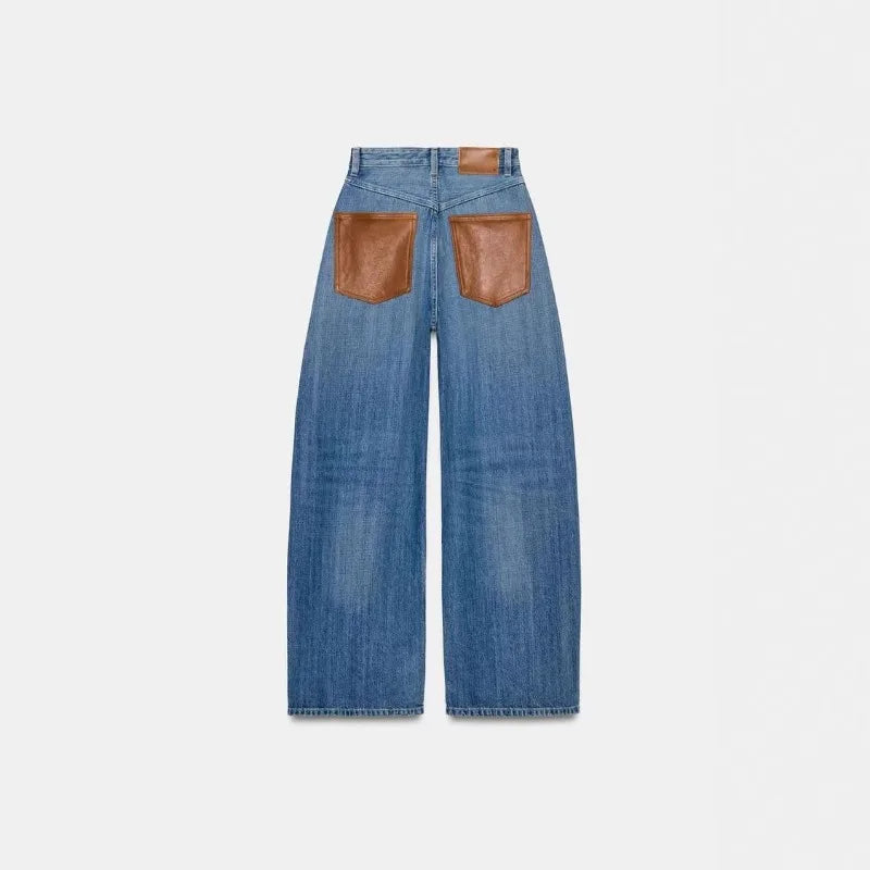 Jeans met wijde pijpen, hoge taille, lichtblauwe denim met contrasterende achterzakken
