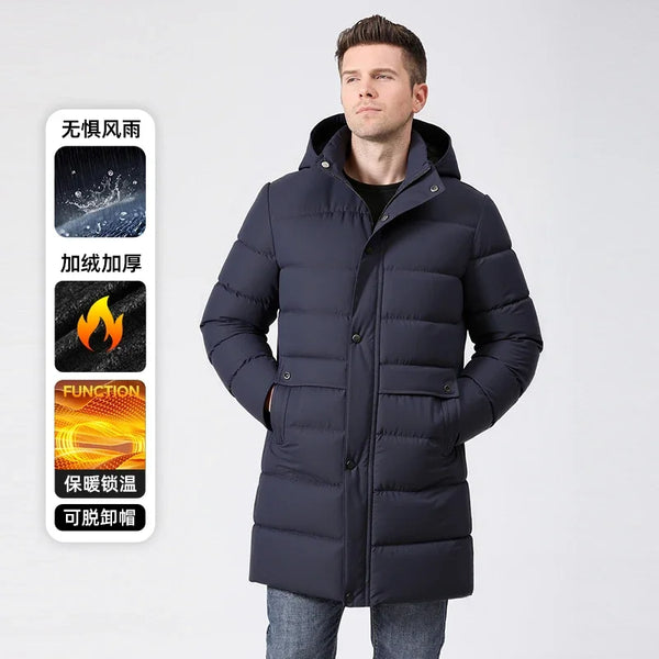 Herren Langer Winter Steppmantel mit Kapuze und Knöpfen – Warm & Winddicht