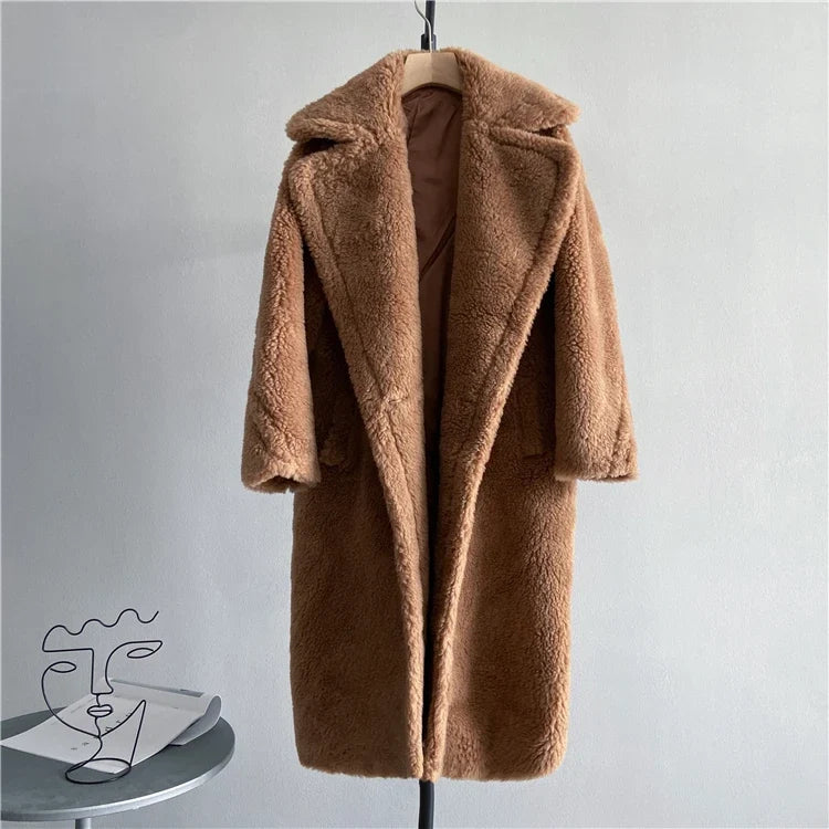 Damen Langer Teddyfell Mantel mit Reverskragen und Taschen