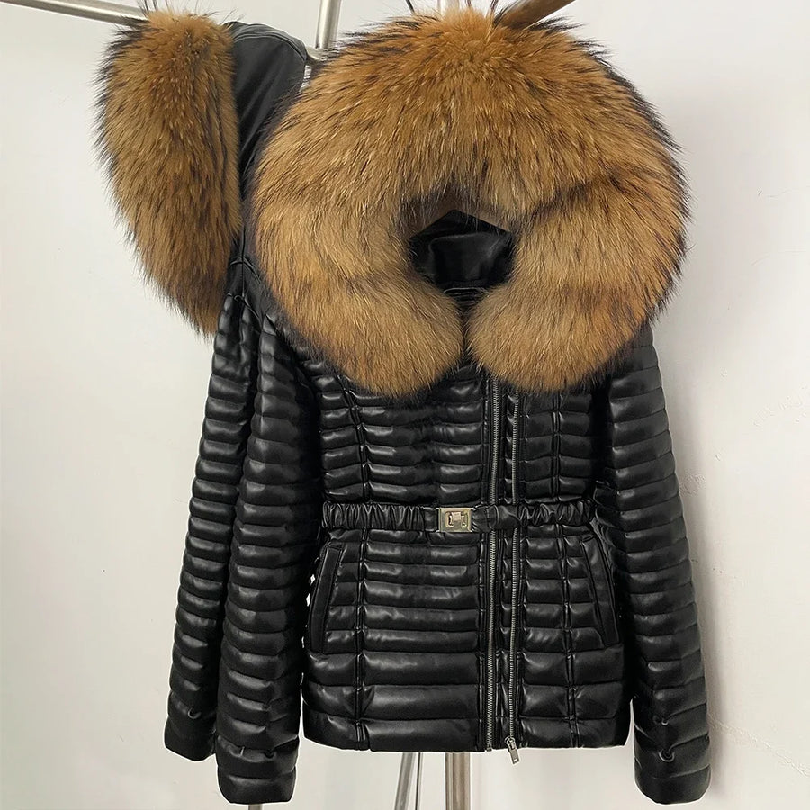 Damen Steppjacke Schwarz mit Pelzbesatz Kapuze Gürtel