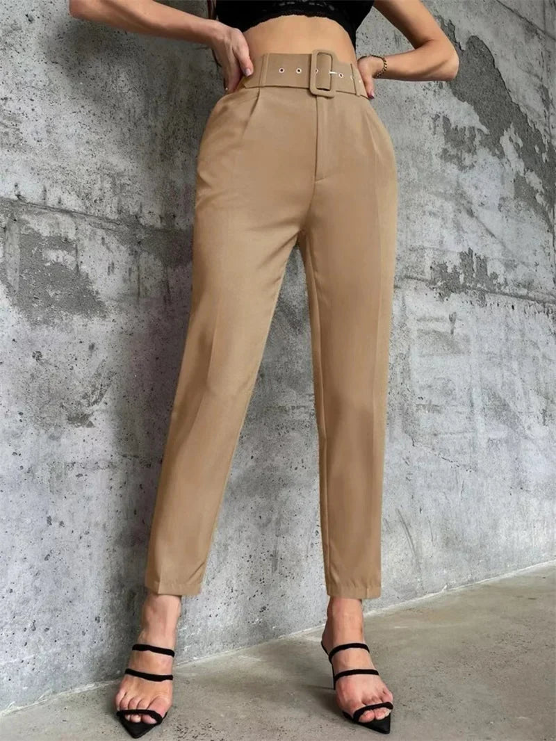 Damen Stoffhose High Waist mit Gürtel Elegante Hose mit geradem Bein
