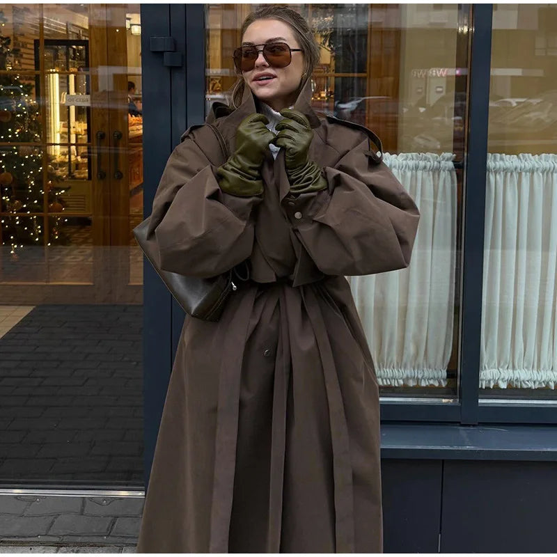 Damen Langer Mantel Übergangs Trenchcoat Stehkragen Weite Ärmel
