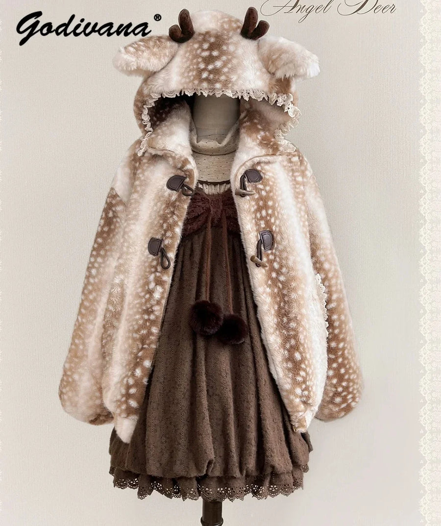 Damen Reh-Fleecejacke mit Kapuze und Geweih, gefleckt