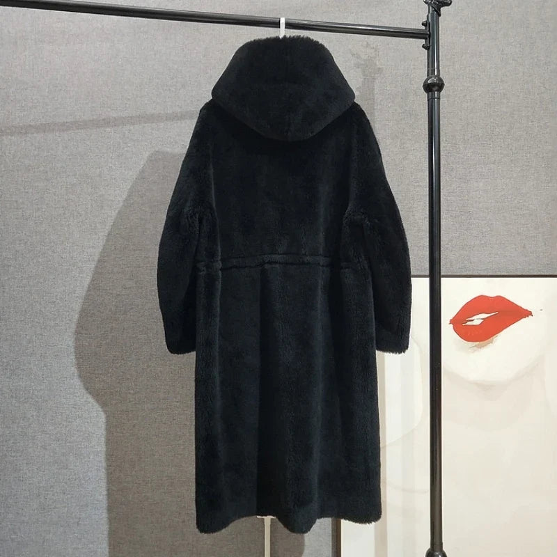 Teddyfell-Mantel mit Kapuze für Damen, Lang, Tunnelzug in der Taille