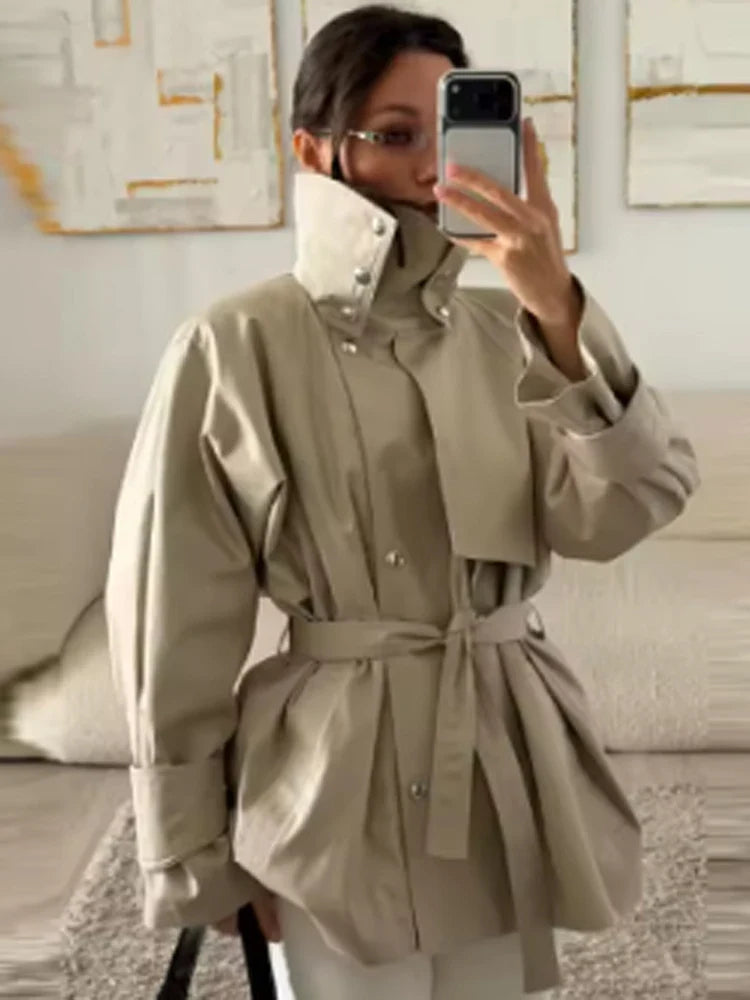 Damen Trenchcoat Oversize mit Bindegürtel Beige