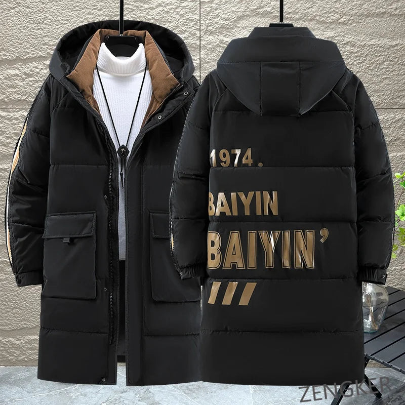 Herren Winterjacke Lang Schwarz Gesteppt mit Kapuze und Reißverschluss