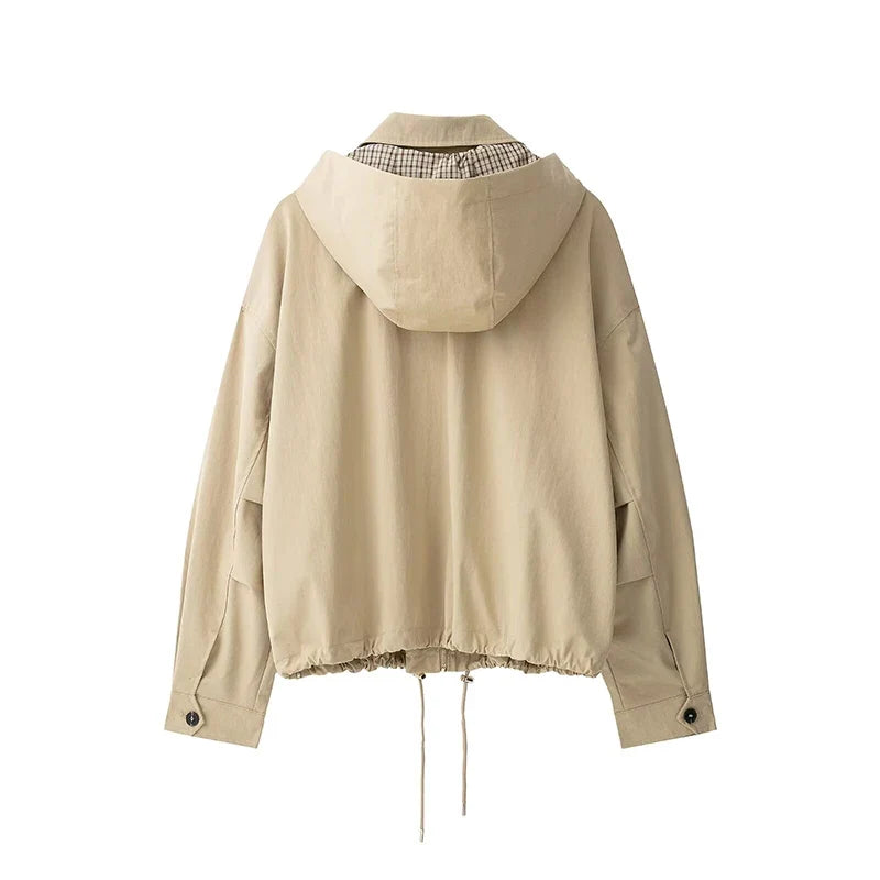 Damen Leichte Jacke Beige mit Kapuze Kariertes Futter Reißverschluss Tunnelzug Saum