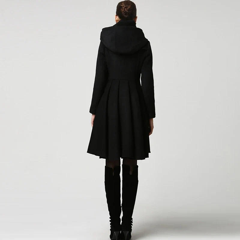 Damen Mantel Schwarz Glockenärmel Saum Asymmetrisch Stehkragen