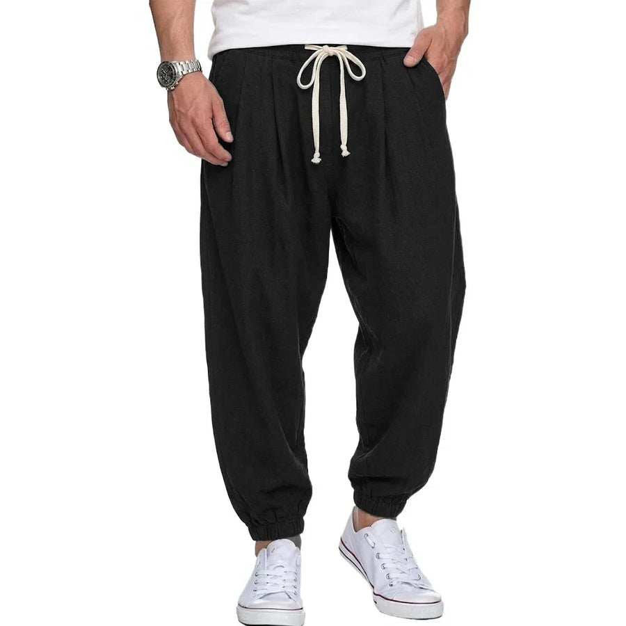 Vrijetijdsbroek voor heren in linnenlook, losse pasvorm, elastische tailleband