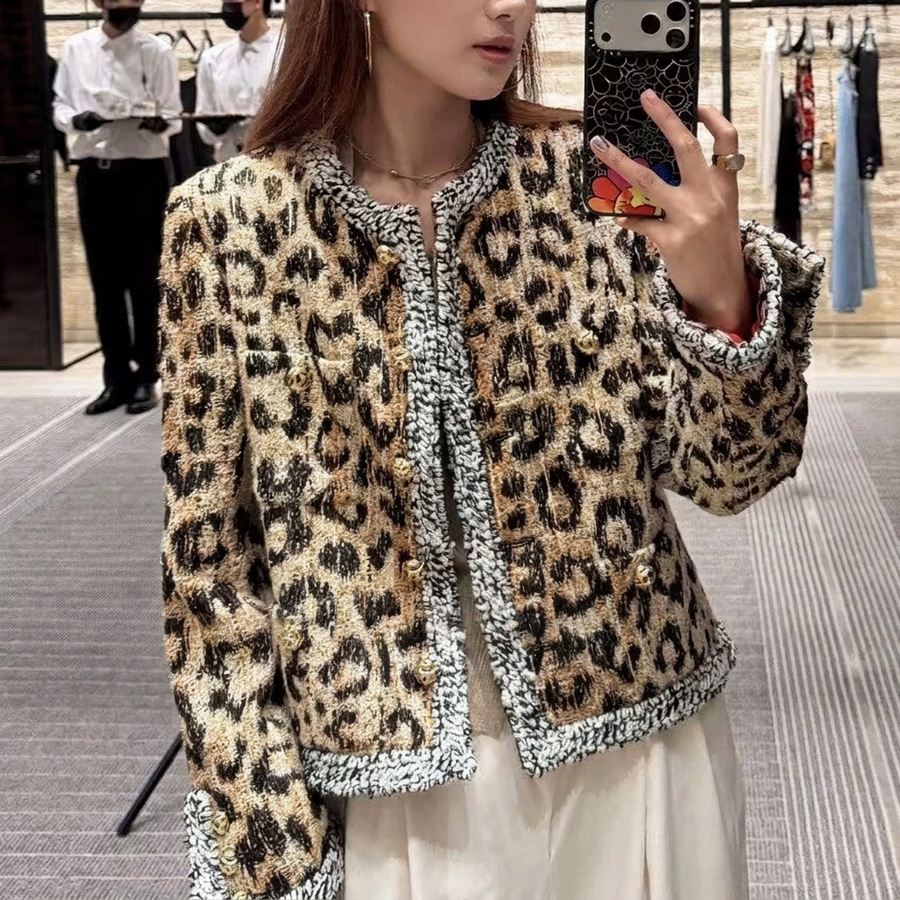Damen Tweed-Jacke Leopardenmuster Rundhals Kurzjacke
