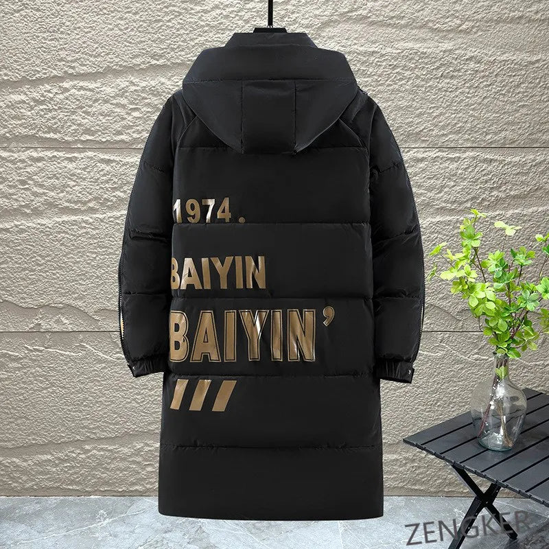 Herren Winterjacke Lang Schwarz Gesteppt mit Kapuze und Reißverschluss