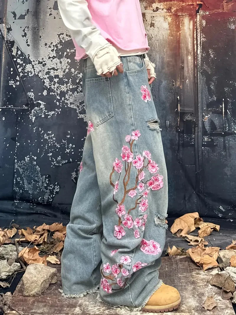 Weite Jeans im Baggy-Stil mit Blumenstickerei für Damen