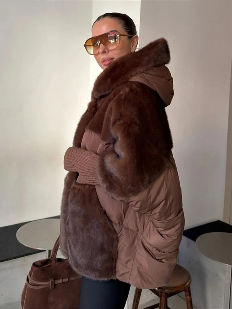 Damen Oversized Hybrid Jacke mit Kapuze, Teddyfell & Stepp-Optik