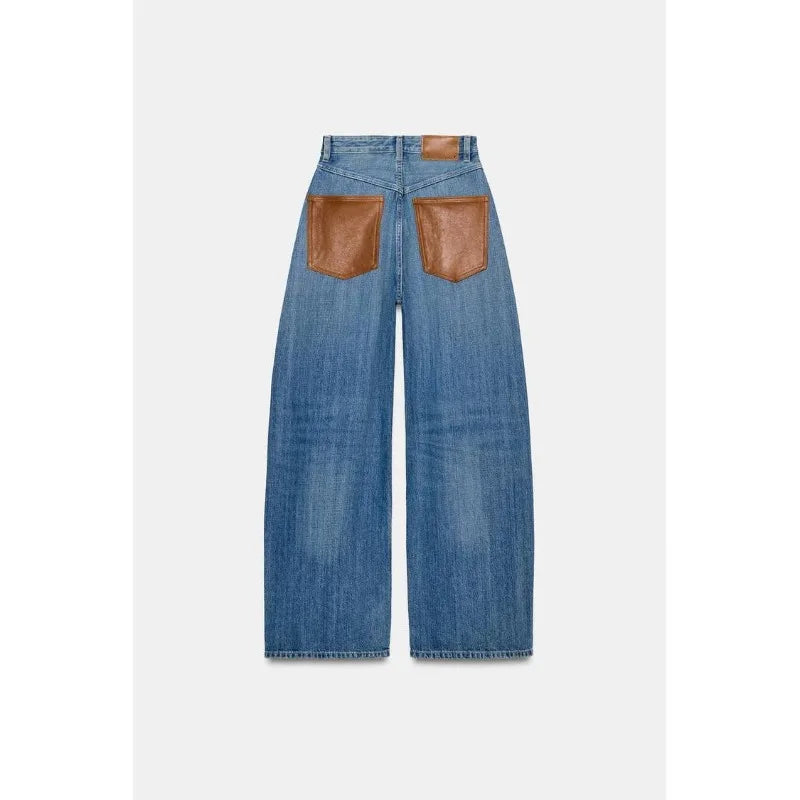 Jeans met wijde pijpen, hoge taille, lichtblauwe denim met contrasterende achterzakken
